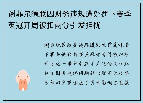 谢菲尔德联因财务违规遭处罚下赛季英冠开局被扣两分引发担忧 谢菲尔德联因财务违规遭处罚下赛季英冠开局被扣两分引发担忧